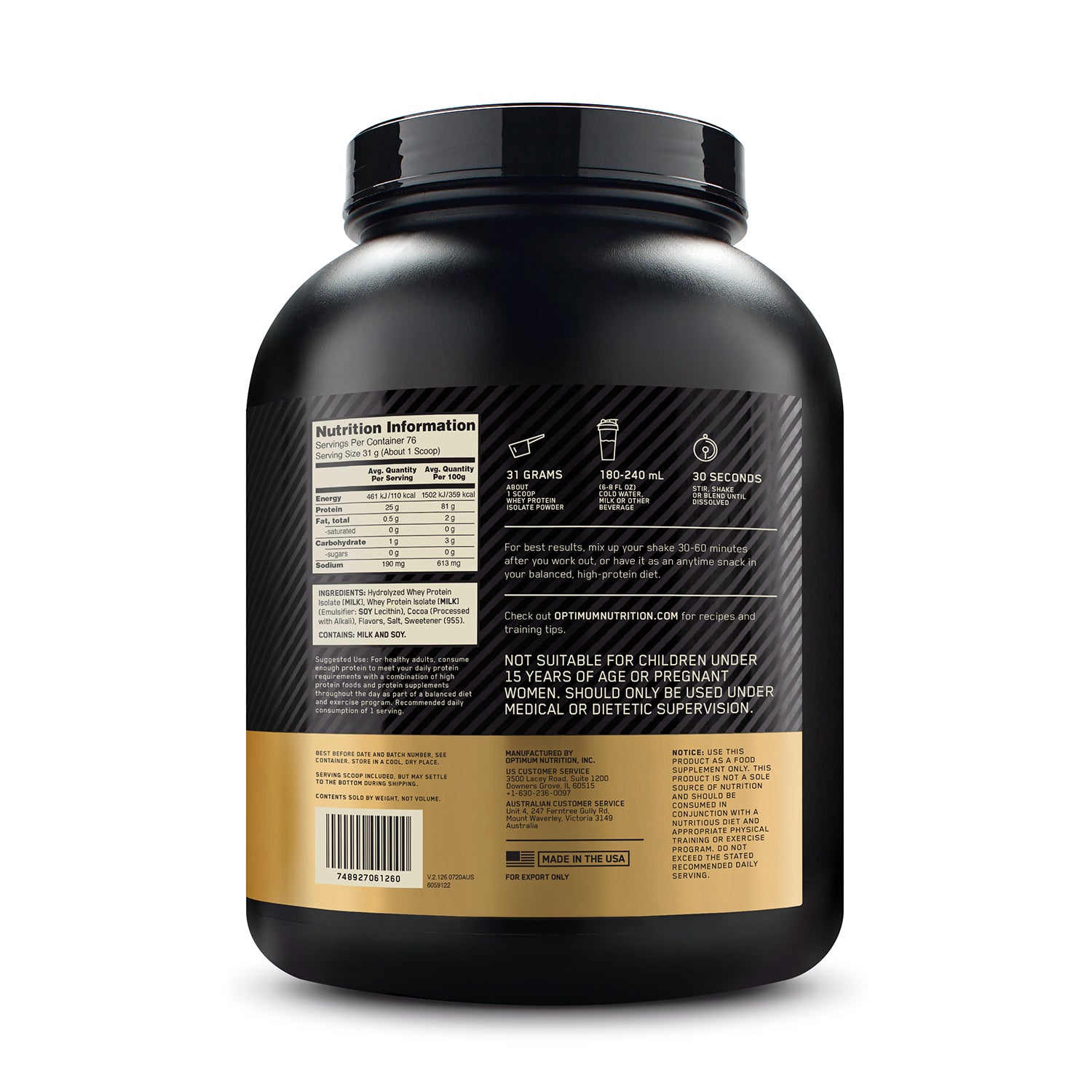 Gold Standard 100 Isolate Ultra Filtered Whey Protein - Chocolate Bliss 236 Kgs (52 lbs)