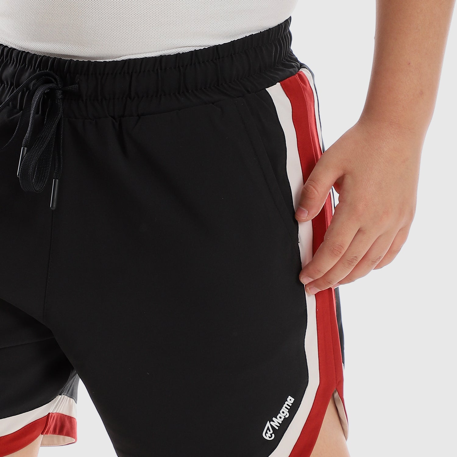 Boys Tri-Tone Comfy Slip On Sportive Shorts - Black, White & Red - Sporty Pro